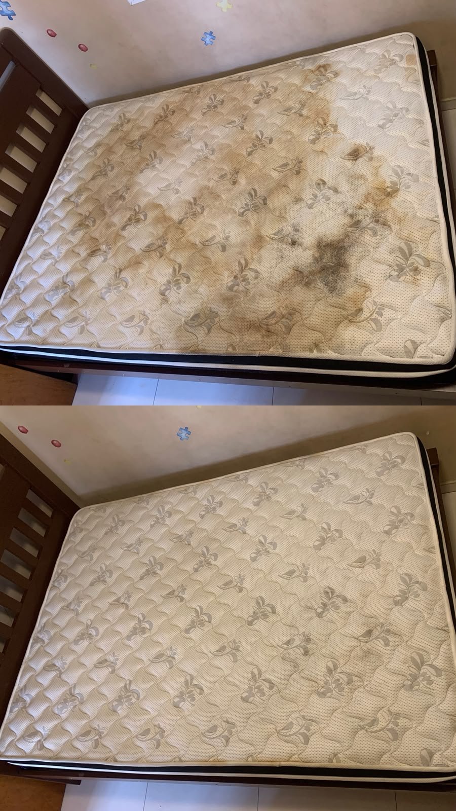 Antes e depois da higienização de um colchão claro